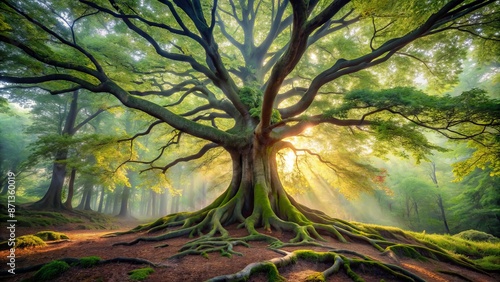 Majestic ancient deciduous tree with sprawling roots and twisted branches stands alone amidst vibrant greenery in a misty forest landscape.