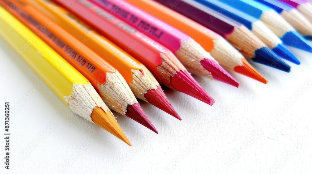 Fototapeta premium Close-up view of colorful pencils arranged in a row, showcasing vibrant colors and sharp tips on a white background. Perfect for art and creativity.