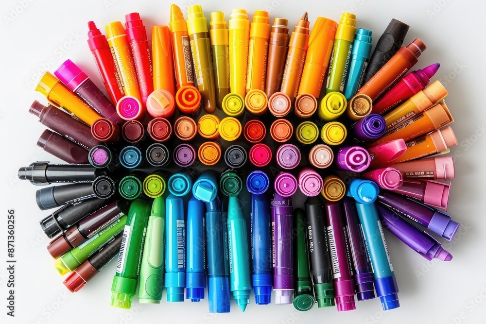 Fototapeta premium Colorful markers arranged in a beautiful spectrum on a white background, showcasing a vibrant assortment of art supplies for creative projects.