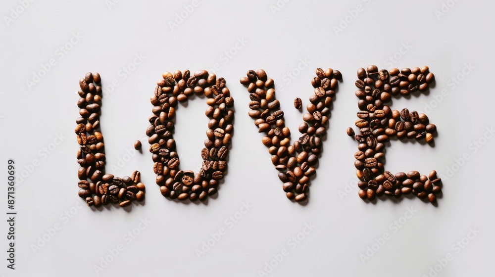 Love spelled with coffee beans on white background, artistic concept Love spelled with coffee beans on white background, artistic concept