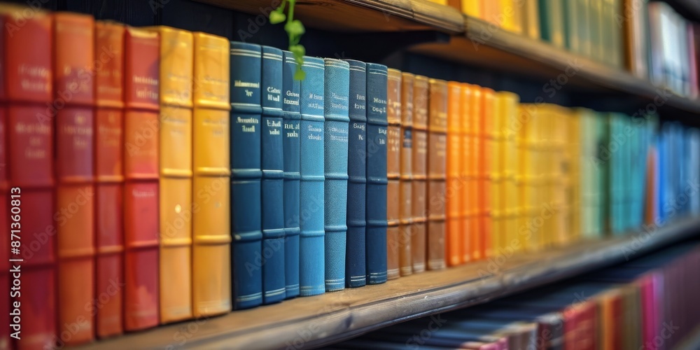 Fototapeta premium Vibrant Book Collection Adorning Library Shelves, Close-Up