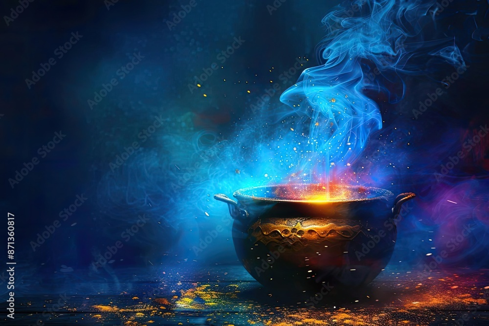 Magical cauldron emitting colorful, mystical smoke in a dark, atmospheric setting, evoking fantasy and mystery. Magical cauldron emitting colorful, mystical smoke in a dark, atmospheric setting, evoking fantasy and mystery.