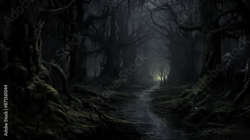 Haunted Woods Mystery Awaits in Enchanted Darkness Fantasy wallpaper