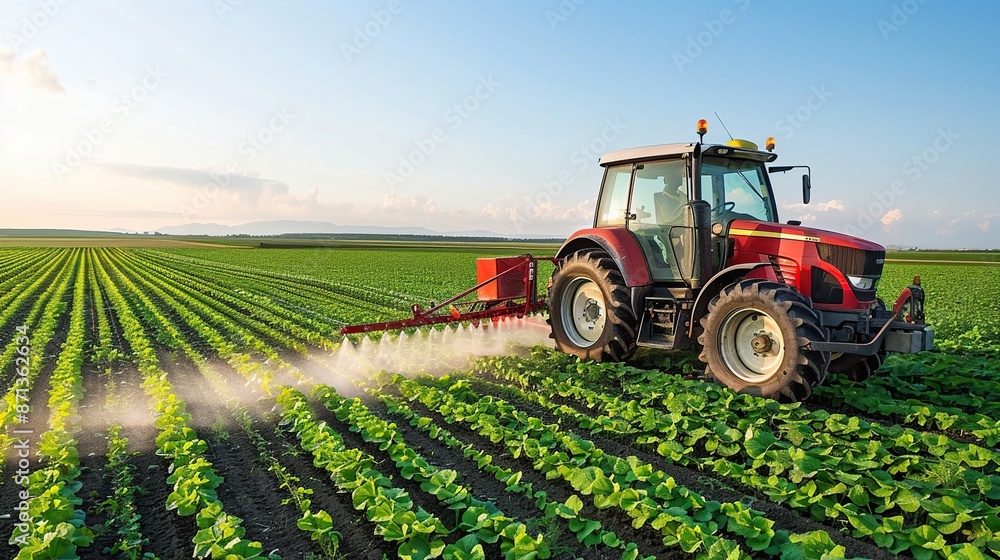 Red Tractor Spraying Crops in a Lush Field