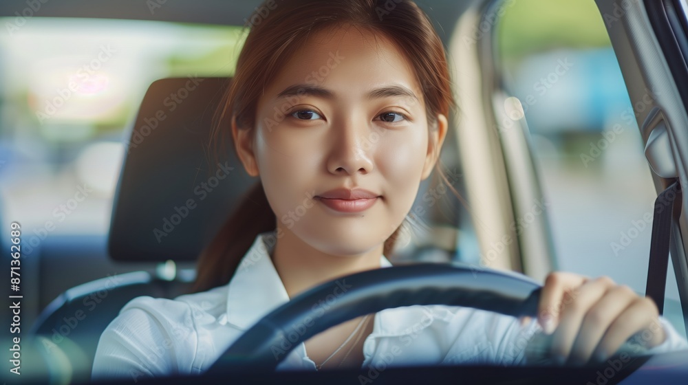 Young Woman Smiling While Driving a Car Young Woman Smiling While Driving a Car