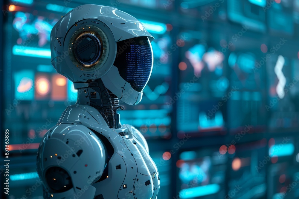 Fototapeta premium Future healthcare concept: humanoid medical robot analyzing virtual chart, advanced medical technology, artificial intelligence development