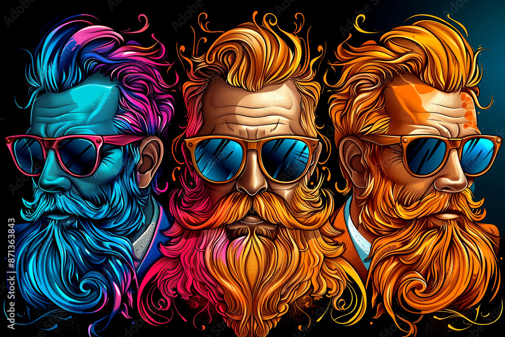 Three men with colorful beards and sunglasses Three men with colorful beards and sunglasses