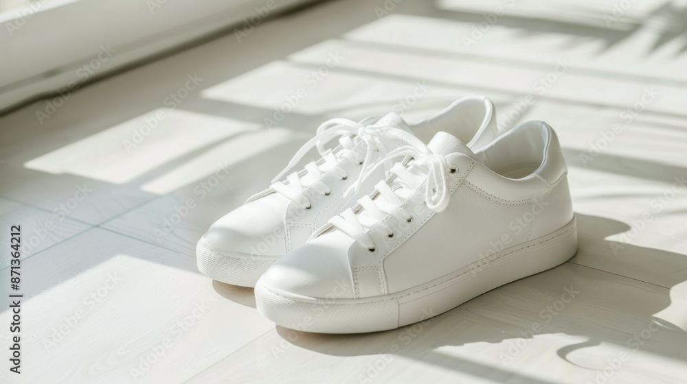 Minimalist White Sneakers: Modern Fashion and Sleek Style on Clear Surface Minimalist White Sneakers: Modern Fashion and Sleek Style on Clear Surface