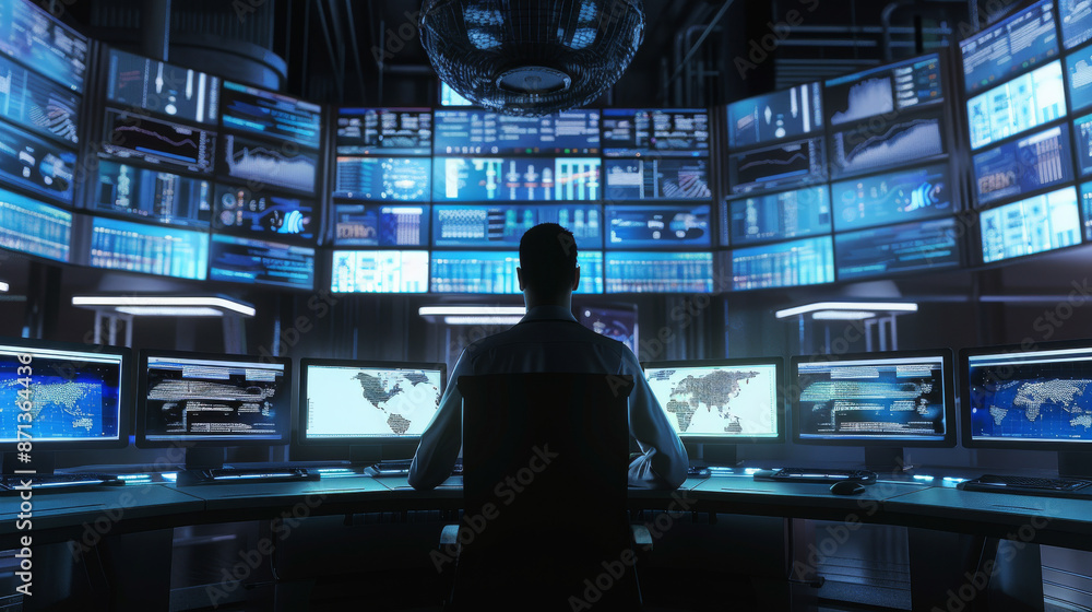 A high-tech control room with a professional monitoring an array of digital screens displaying data, maps, and analytics. A high-tech control room with a professional monitoring an array of digital screens displaying data, maps, and analytics.