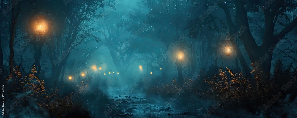 Mystical forest pathway illuminated by glowing lanterns in the foggy night, creating an enchanting and mysterious atmosphere. Mystical forest pathway illuminated by glowing lanterns in the foggy night, creating an enchanting and mysterious atmosphere.