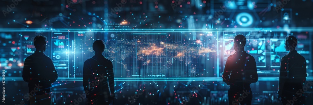 Fototapeta premium Digital Twin: Futuristic Finance Industry with AI Software Engineers and Financial Stock Market Analysis