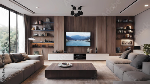 A big living room with TV unit