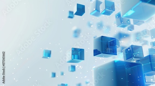Blue cubes floating in the air against a white background, with a technological style background featuring digital data and icons in a light blue color scheme