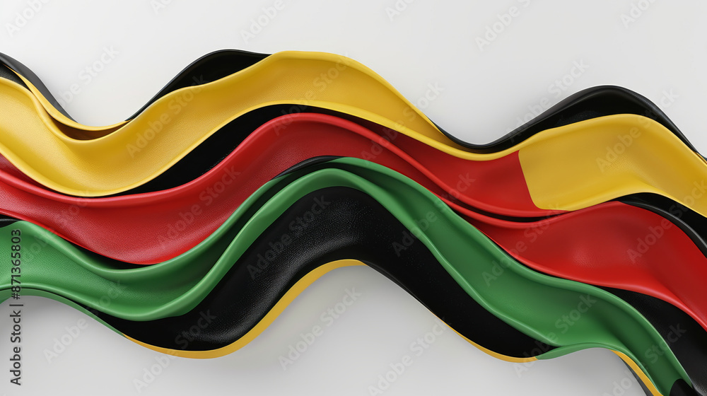 Smooth, colorful ribbons of red, black, green, and yellow twist and turn against a white background, creating a sleek abstract design. Smooth, colorful ribbons of red, black, green, and yellow twist and turn against a white background, creating a sleek abstract design.