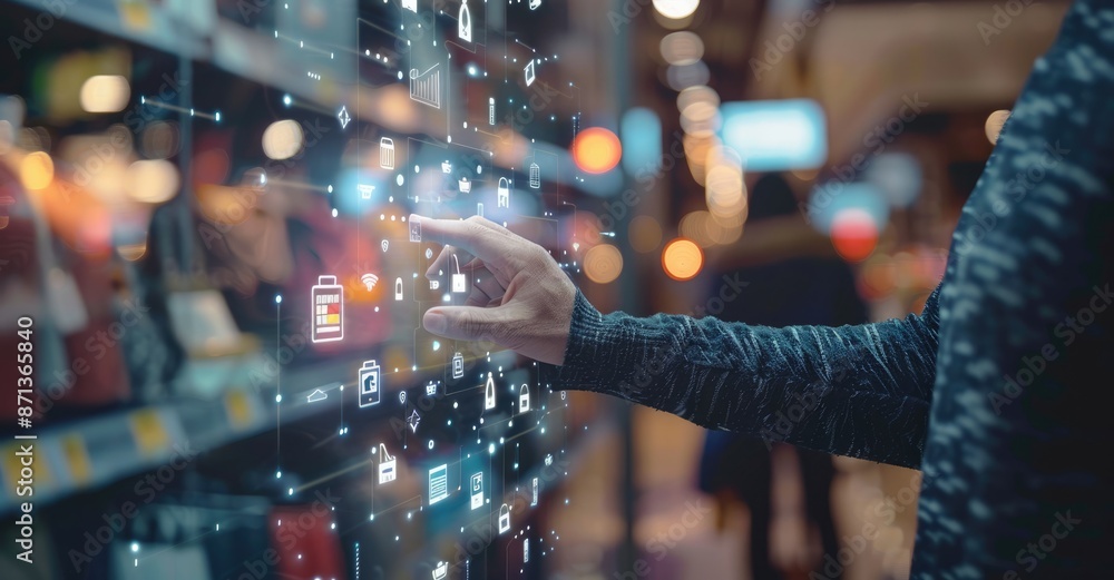 Fototapeta premium businessman touching virtual icon of store,a shopping cart is shown on a display of electronic devices and symbols