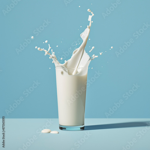 Pouring fresh milk into the glass with splashing on light blue background.