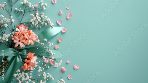 A beautifully wrapped present with a pink bow sits on a table. The background is a soft blue color.