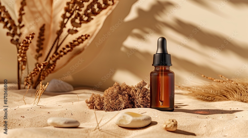Naklejka premium A bottle of facial serum sits on a sandy beach and forest, surrounded by natural elements.