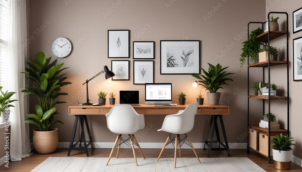 Fototapeta premium Stylish home office interior with comfortable workplace . A home office with a minimalist desk and a hanging pendant light.