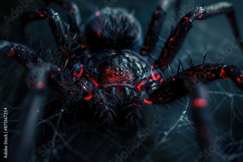 Close-up of a black and red spider sitting on its web in a dark, eerie environment, highlighting its detailed texture and ominous appearance.