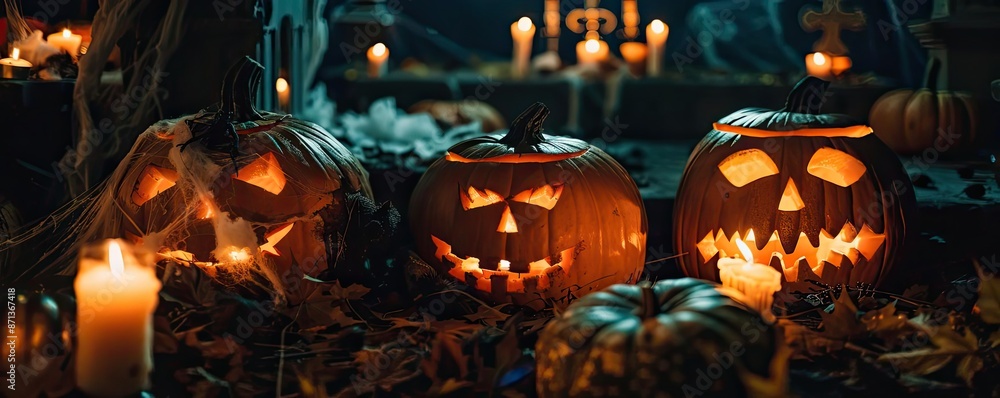 Spooky Halloween scene with illuminated jack-o'-lanterns and glowing candles, creating a hauntingly festive atmosphere. Spooky Halloween scene with illuminated jack-o'-lanterns and glowing candles, creating a hauntingly festive atmosphere.