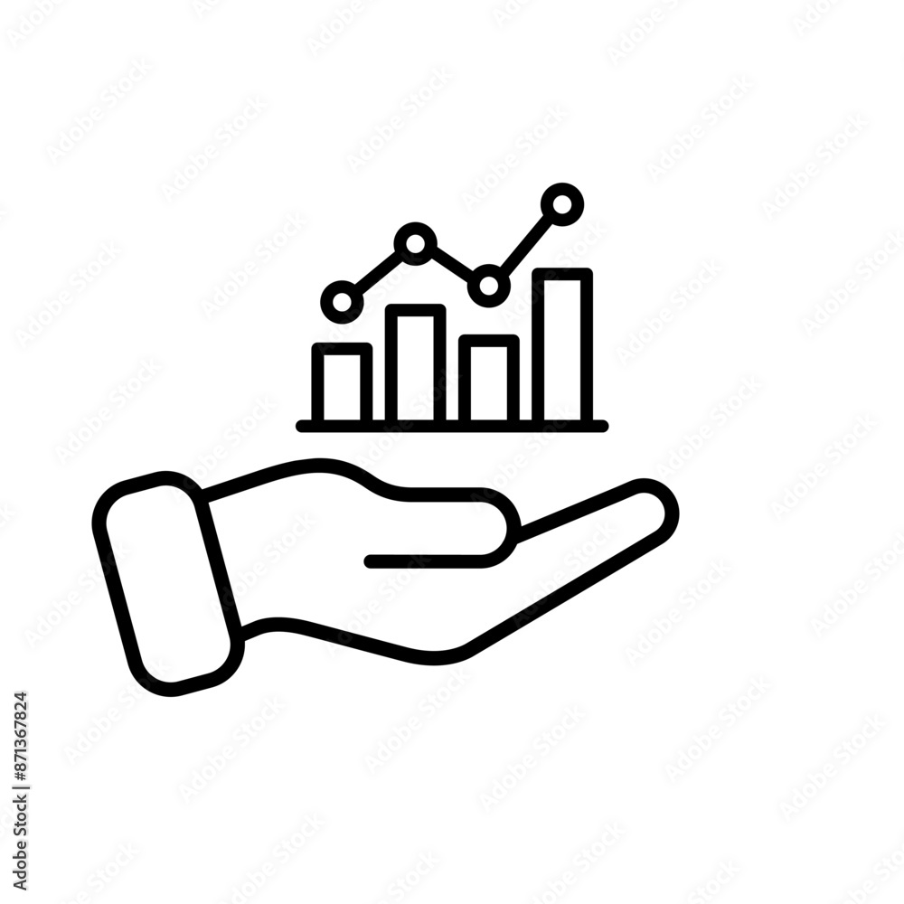 Hand profit icons. Growth graphs charts line icons set. Data elements, bar, pie, diagrams for business infographics. Visualization of data statistic and analytics. Financial rise up. Increase profit.