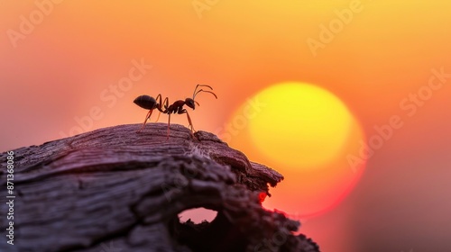 Balancing ant silhouette on log at sunset in nature environment travel beauty scene 