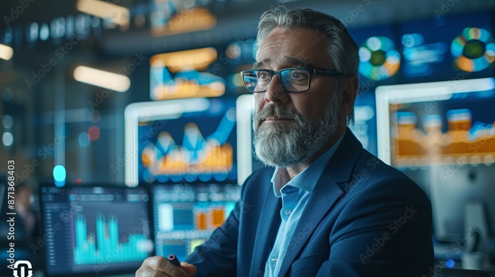 A mature businessman in a suit, with a beard and glasses, looks thoughtfully at a computer screen in a modern office with data displays. A mature businessman in a suit, with a beard and glasses, looks thoughtfully at a computer screen in a modern office with data displays.