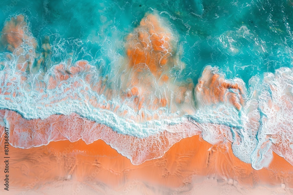 Fototapeta premium Aerial view of turquoise ocean waves crashing on an orange sandy beach, creating a stunning contrast of colors and textures.