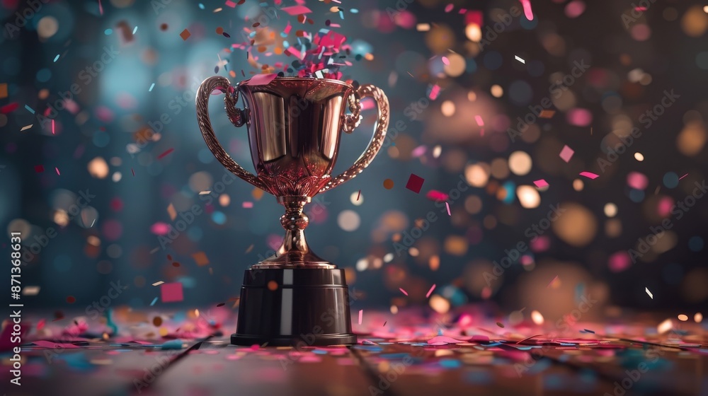 a Bronze Trophy Cup with Confetti on a Dark Background Symbolizing Celebration of Victory and Success, Perfect for Achievement Recognition and Award Ceremonies a Bronze Trophy Cup with Confetti on a Dark Background Symbolizing Celebration of Victory and Success, Perfect for Achievement Recognition and Award Ceremonies