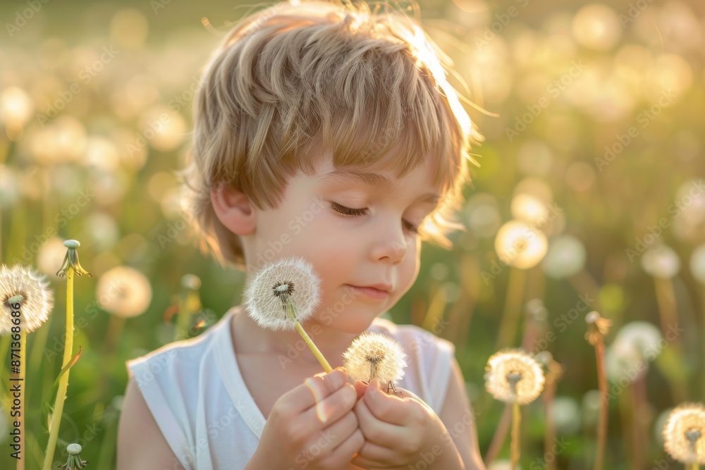 A young child with blonde hair gently holds a dandelion seed head in a sunlit field of wildflowers, eyes closed in a serene moment. A young child with blonde hair gently holds a dandelion seed head in a sunlit field of wildflowers, eyes closed in a serene moment.