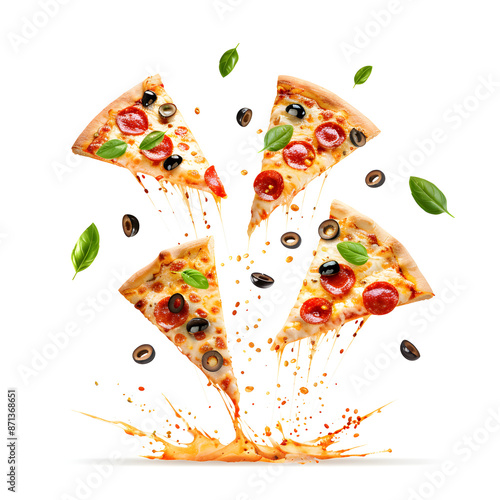 Slices of pizza with melting cheese and toppings mid air on a white background photo