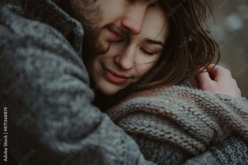 A tender moment captured in close-up. A woman with closed eyes and a gentle smile nestles against someone in a cozy gray sweater.
