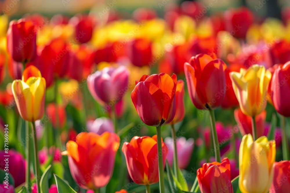 A vibrant field of colorful tulips in bloom, with red, yellow, and pink flowers creating a beautiful spring landscape. A vibrant field of colorful tulips in bloom, with red, yellow, and pink flowers creating a beautiful spring landscape.