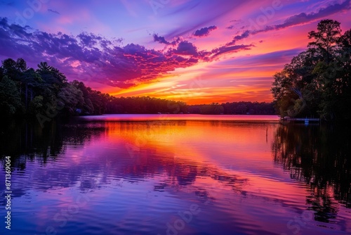 Wallpaper Mural A breathtaking sunset over a serene lake, with vibrant purple and orange hues painting the sky and reflecting on the calm water's surface. Torontodigital.ca