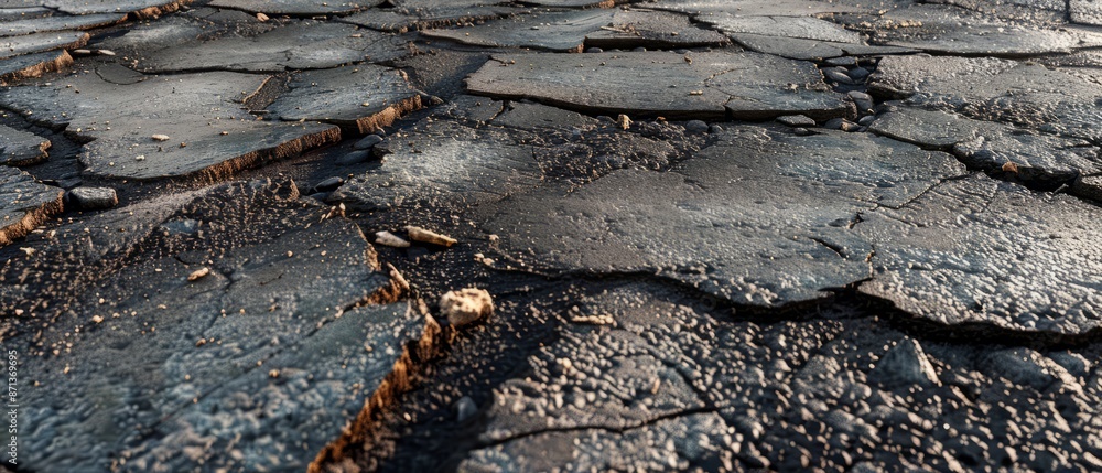 Panoramic close-up, high detail scan of asphalt with cracks and weeds material, Generative AI Panoramic close-up, high detail scan of asphalt with cracks and weeds material, Generative AI