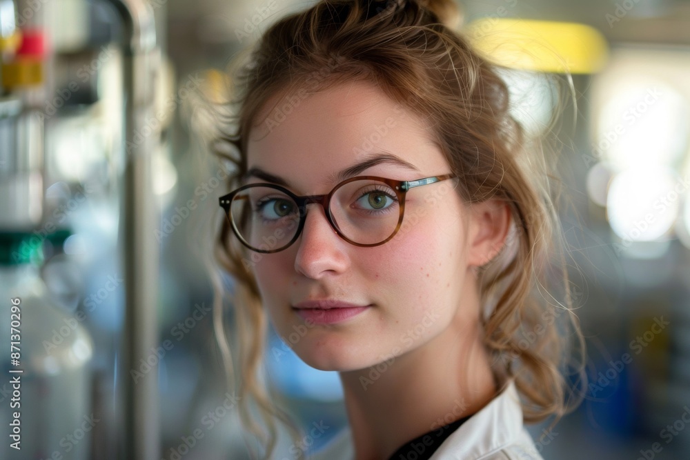 Fototapeta premium Portrait of a female scientist wearing glasses, conducting research in a modern laboratory setting