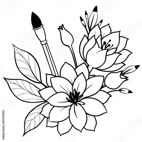 Coloring sheets of botanical flowers with paintbrush and line art.