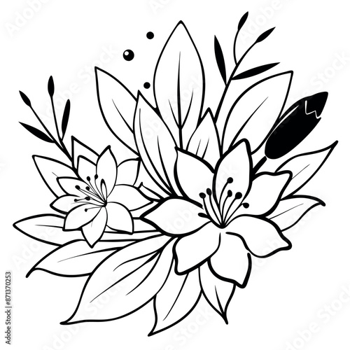 Coloring sheets of botanical flowers with paintbrush and line art.