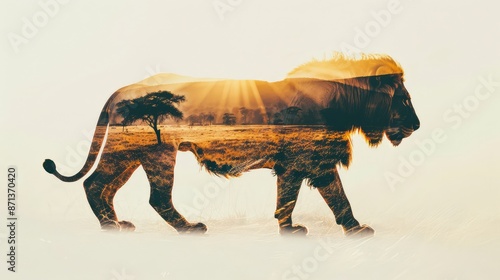 silhouette of a lion, the savannah landscape shines through the silhouette, photo, double exposure, delicate tones