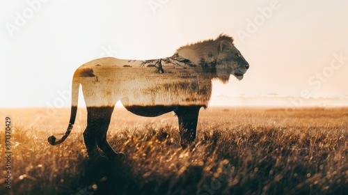 silhouette of a lion, the savannah landscape shines through the silhouette, photo, double exposure, delicate tones