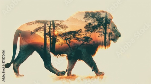 silhouette of a lion, the savannah landscape shines through the silhouette, photo, double exposure, delicate tones