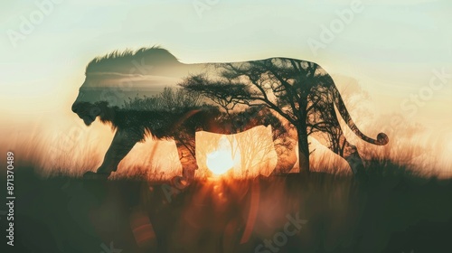 silhouette of a lion, the savannah landscape shines through the silhouette, photo, double exposure, delicate tones