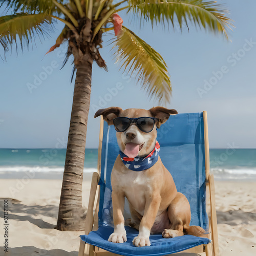 araffy dog sitting in a chair on the beach with a palm tree photo