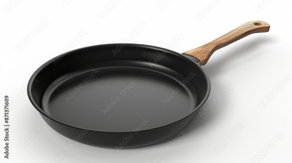 Black frying pan with wooden handle on white background Black frying pan with wooden handle on white background
