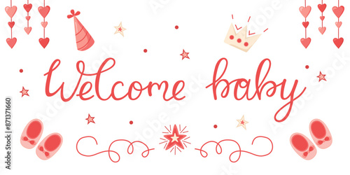 Vector invitation card template for baby gender reveal party. Welcome baby greeting card. Color illustration with confetti and party favors in color for girls on a white background.