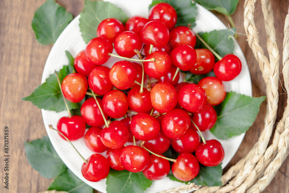 Close up shot Red Cherry fruit on wooden background, Japanese Red highest variety of Yamagata cherries on white table. Close up shot Red Cherry fruit on wooden background, Japanese Red highest variety of Yamagata cherries on white table.