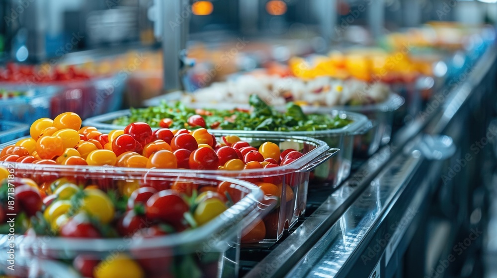 High resolution image, conveyor belt of ready-to-eat fruits and vegetables, fresh and clean, ready to be delivered to consumers. High resolution image, conveyor belt of ready-to-eat fruits and vegetables, fresh and clean, ready to be delivered to consumers.