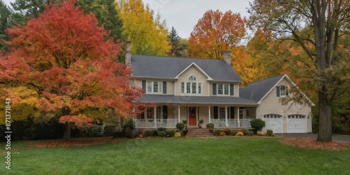 A two-story house with a front porch and a two-car garage is surrounded by trees with colorful autumn leaves