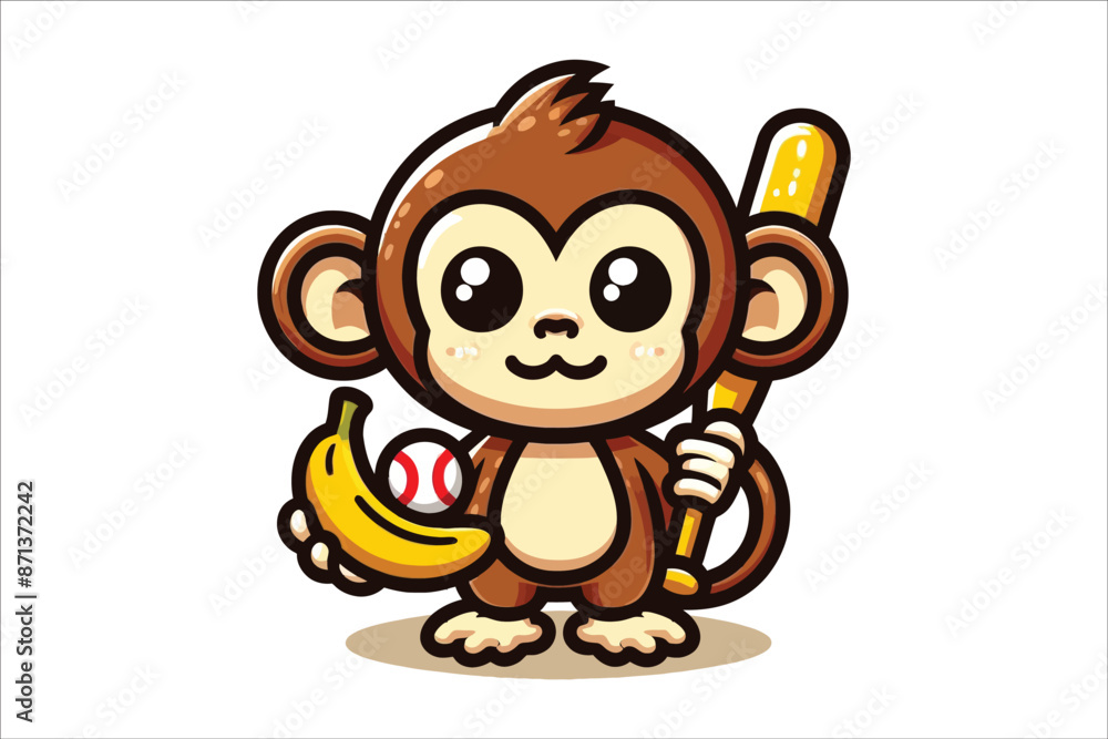 Cute Monkey Holding Banana And Baseball Bat Stick Cartoon Vector Icon Illustration with white background Cute Monkey Holding Banana And Baseball Bat Stick Cartoon Vector Icon Illustration with white background